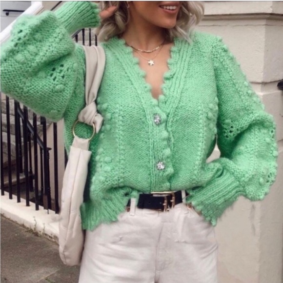 Zara Sweaters - ZARA Jewel Button Alpaca Wool Blend Cropped Green Cardigan Balloon Sleeve Size S